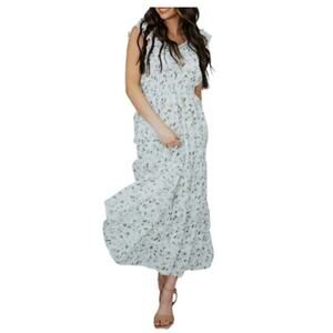 Mikarose The York Maxi Dress White/Green Floral Flutter Sleeve Dress Women Sz S